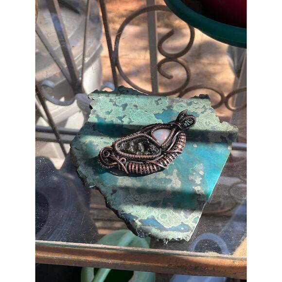 Intricate Moldavite With Opal Wire Wrap Pendant - Picture 6 of 11